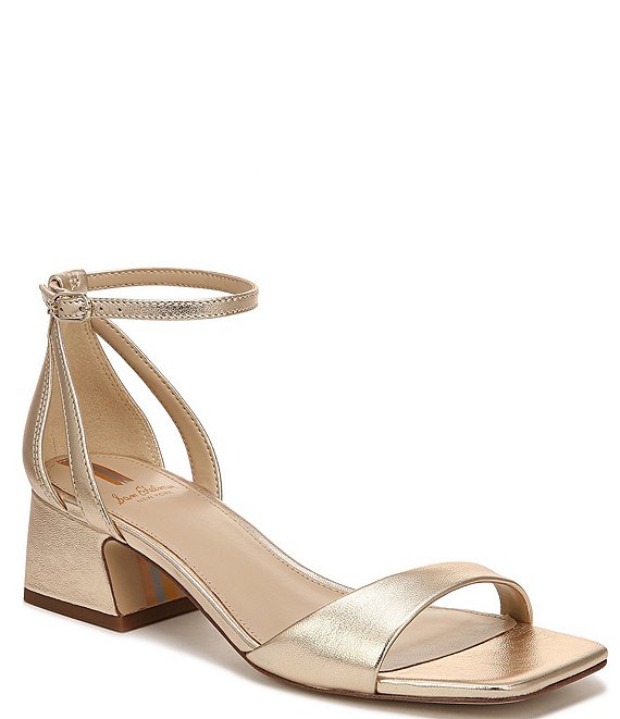 Color:Gold Leaf - Image 1 - Wilson Metallic Leather Ankle Strap Block Heel Square Toe Dress Sandals