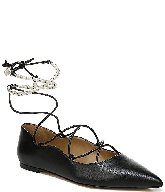Color:Black - Image 1 - Winslet Leather Lace-Up Pearl Beaded Ankle Wrap Pointed Toe Flats