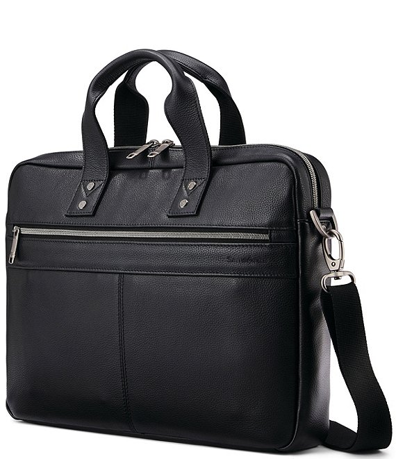 Color:Black - Image 1 - Classic Leather Slim Briefcase