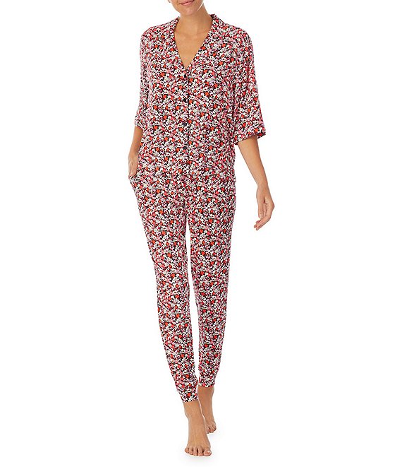 Color:Multi Red - Image 1 - 3/4 Sleeve Notch Collar Top & Jogger Knit Floral Print Pajama Set