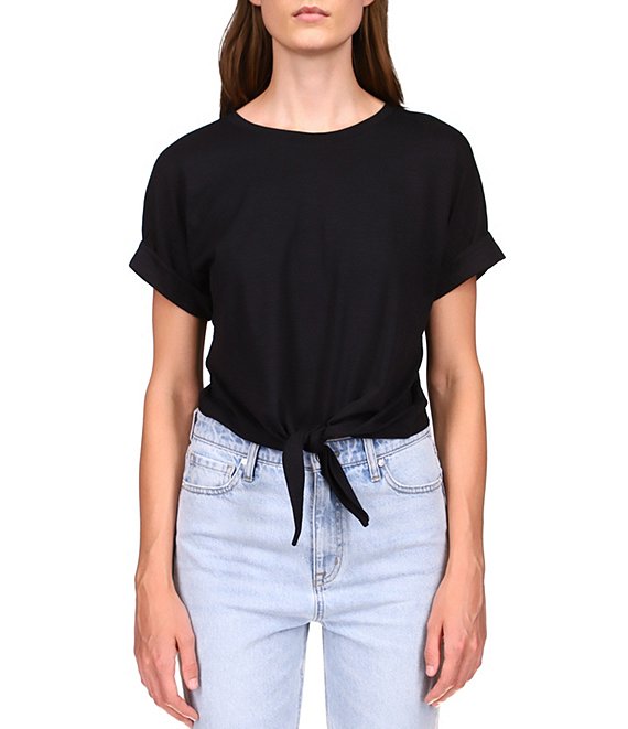 Color:Black - Image 1 - All Day Tie Waist Crew Neck Short Rolled Sleeve Tee Shirt