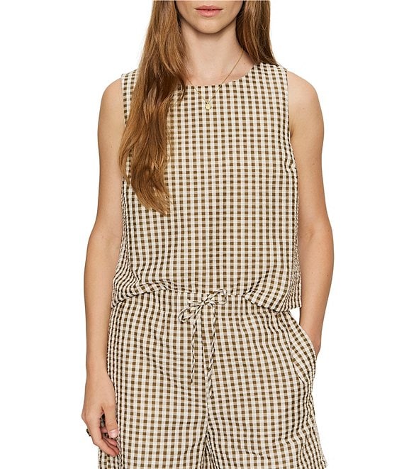 Sanctuary Better Days Gingham Print Crew Neck Sleeveless Seersucker Coordinating Shell Top