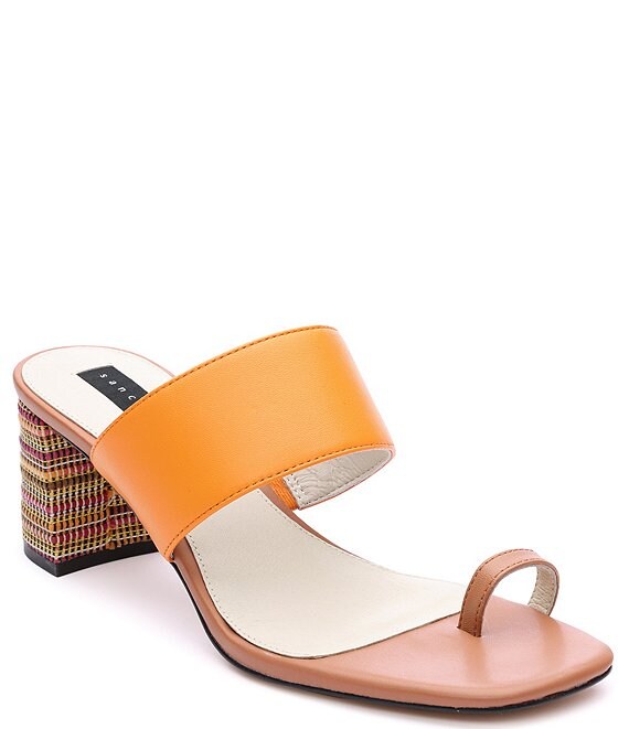 Color:Mango/Lion - Image 1 - Bold Leather Toe Loop Geometric Print Heel Sandals