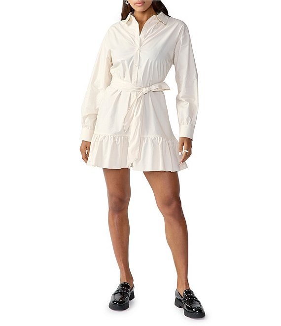 Color:Toasted Marshmallow - Image 1 - Button Front Long Sleeve Tiered Mini Shirt Dress