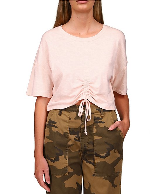 Color:Peachy Keen - Image 1 - Cinched Waist Drawstring Round Neck Elbow Short Sleeve Ruched Knit Tee