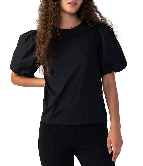Color:Black - Image 1 - Dream State Knit Short Balloon Sleeve Crew Neck Top
