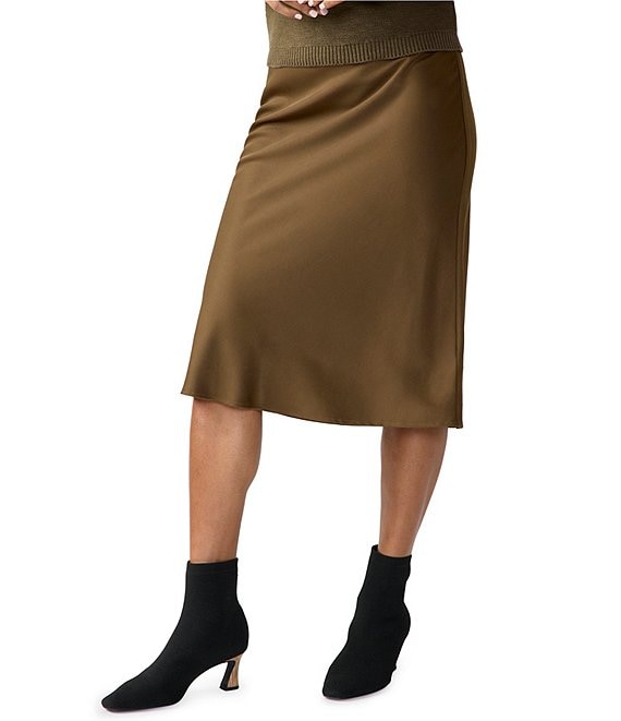 Color:Fatigue - Image 1 - Everyday Satin Semi High Rise Elastic Waist Midi Skirt