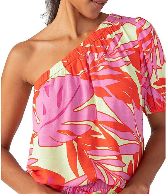 Color:Paradise Pop - Image 1 - Floral Print Asymmetrical One Shoulder Elastic Top