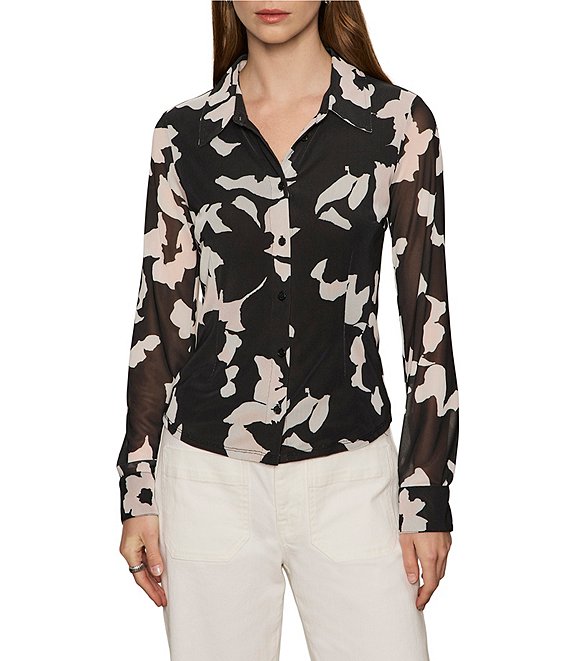 Sanctuary Floral Print Spread Collar Long Sleeve Button Down Mesh Blouse, Petal Whisper - Image 1
