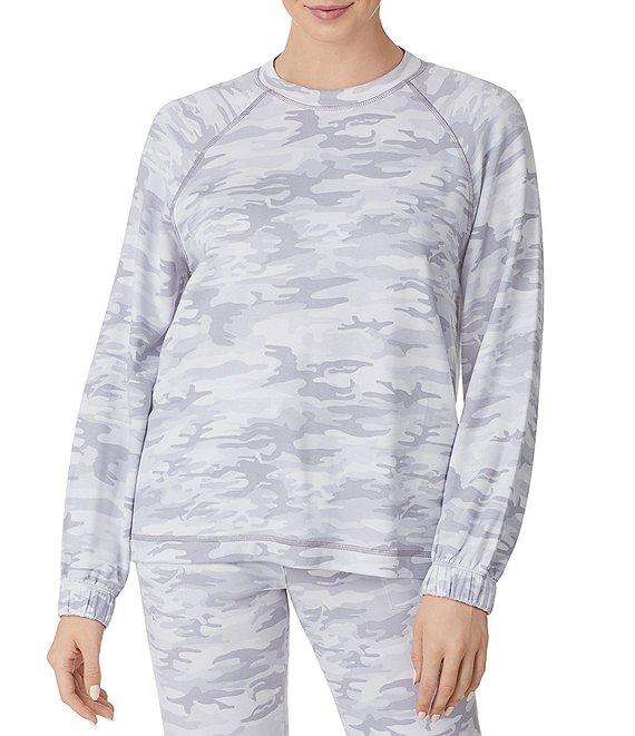Color:Grey Print - Image 1 - Grey Camo Print Long Sleeve Crew Neck Coordinating Sleep Top