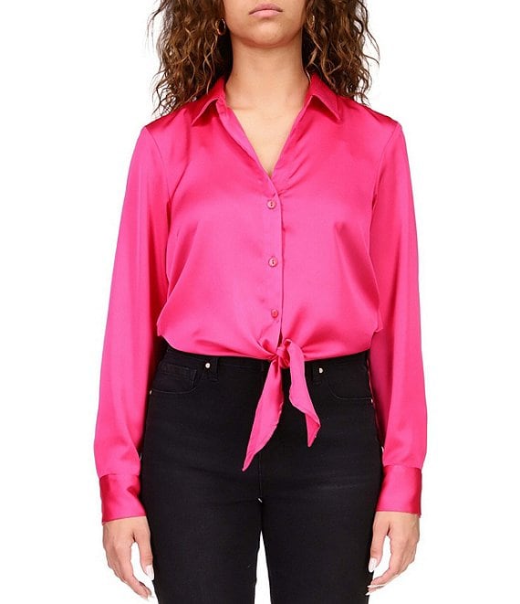Color:Power Pink - Image 1 - Lover Tie Woven Point Collar Long Sleeve Button Front Shirt