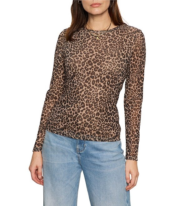 Sanctuary Perfect Double Mesh Animal Print Crew Neck Long Sleeve Fitted Tee, French Kit - Image 1