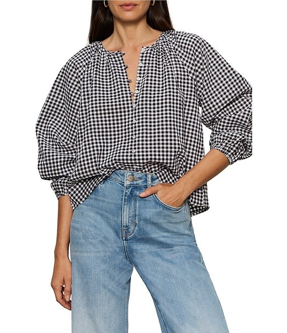 Sanctuary Perfect Gingham Button Front Split Neck Long Sleeve Top