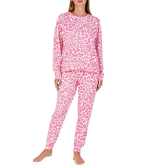 Sanctuary Pink Leopard Print Long Sleeve Round Neck Knit Jogger Pajama Set