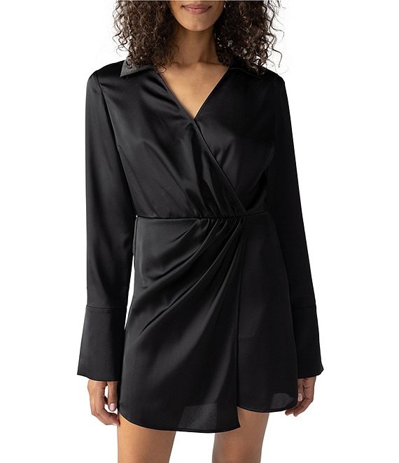 Color:Black - Image 1 - Point Collar Long Sleeve Asymmetrical Hem Faux Wrap Dress