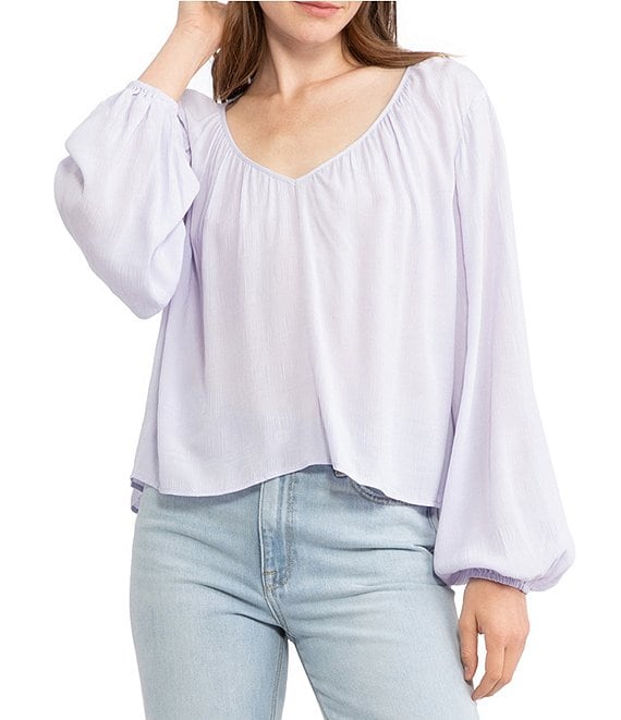 Color:Lilac Field - Image 1 - Relaxed Pleated V-Neck Long Bishop Sleeve Cropped High-Low Blouse