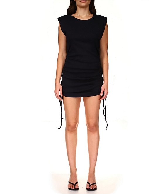 Color:Black - Image 1 - Round Neck Cap Sleeve Drawstring Side Mini Dress