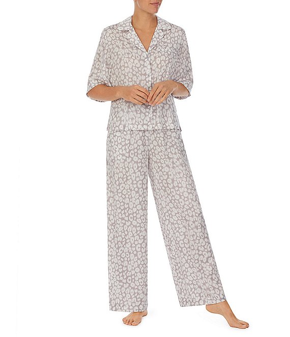 Color:Grey - Image 1 - Short Sleeve Notch Collar Satin Animal Print Pajama Set