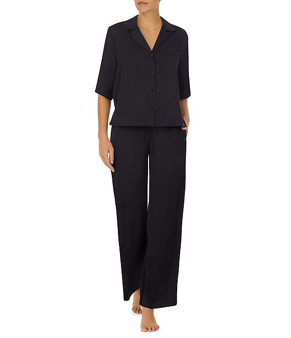 Color:Black - Image 1 - Short Sleeve Notch Collar Satin Pajama Set