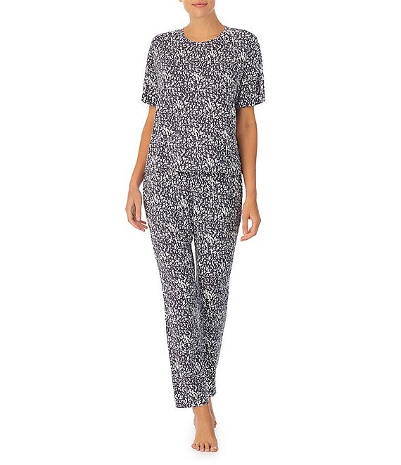 Color:Black Print - Image 1 - Soft Knit Abstract Animal Print Tee & Cropped Pants Pajama Set