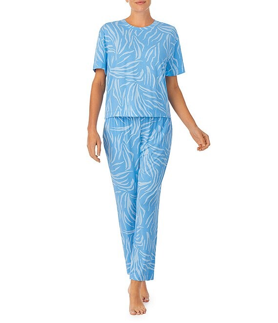 Color:Blue/Print - Image 1 - Soft Knit Abstract Print Tee & Cropped Pants Pajama Set