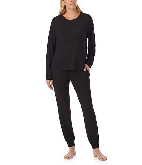 Sanctuary Solid Heathered Long Sleeve Pullover & Jogger Brushed Sweater Jersey Pajama Set, Black - Image 1