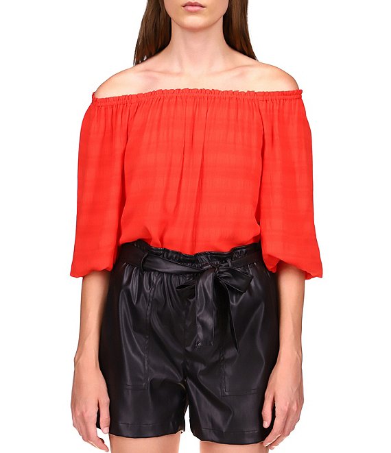 Color:Red - Image 1 - Sunkissed Off-the-Shoulder 3/4 Bubble Sleeve Top