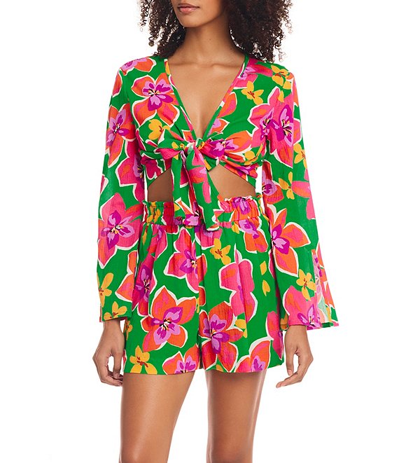 Sanctuary Super Bloom Floral Print V-neck Long Sleeve Tie Front Swim 