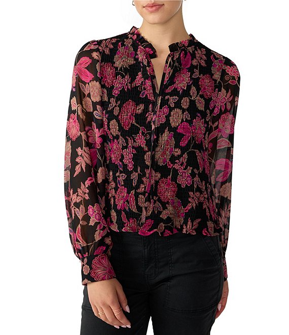 Color:Cranberry - Image 1 - Think Of You Floral Print Split TIe Neck Long Sleeve Smocked Blouse