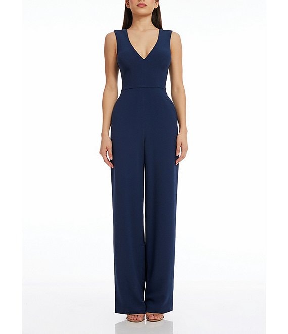 Sandra Stretch Crepe Plunging V-Neck Wide Leg Jumpsuit | Dillard's