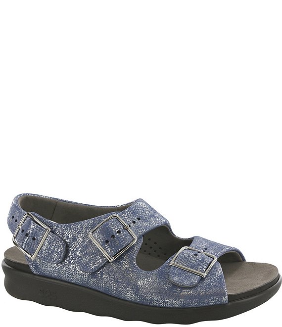 Color:Silver Blue - Image 1 - Relaxed Printed Metallic Leather Buckle Strap Sandals