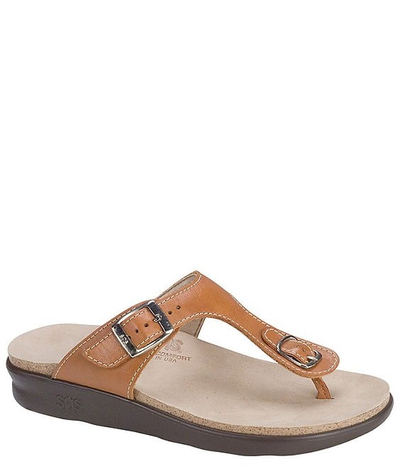 Color:Caramel - Image 1 - Sanibel Leather Thong Wedge Sandals