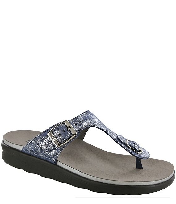 Color:Silver Blue - Image 1 - Sanibel Metallic Leather Print Thong Wedge Sandals