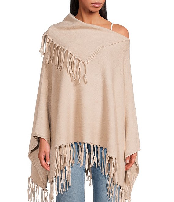 SASSO + SMYTH Fringe Oversized Collar Knit Poncho