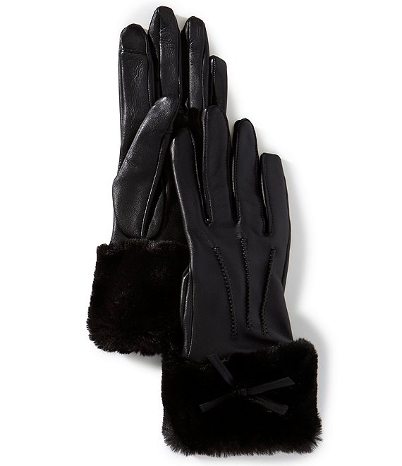 SASSO + SMYTH Women's Faux Fur Bow Cuff Tech Tip Traditional Five Finger Leather Gloves, Black - Image 1