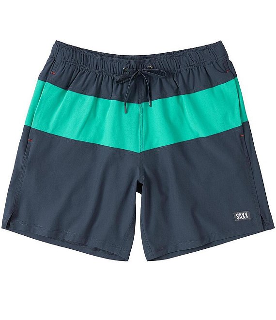 SAXX Oh Buoy 2N1 Color Block 7#double; Inseam Volley Swim Trunks, India Ink/Peacock - Image 1