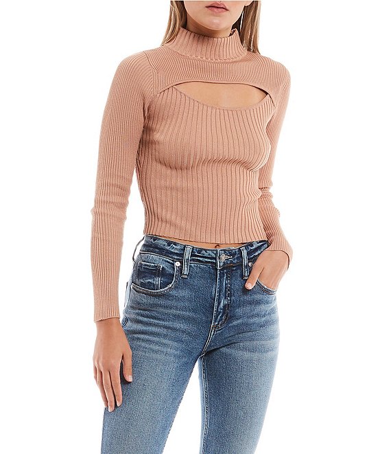Color:Tawny Brown - Image 1 - Mock Neck Ribbed Cut Out Long Sleeve Top