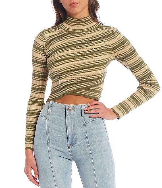 Say What Ribbed Mockneck with Striped Crossover Top | Dillard's