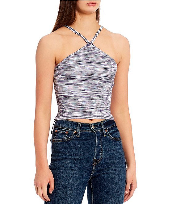 Color:Wash Blue Combo - Image 1 - Space Dye Y-Neck Ribbed Tank Top