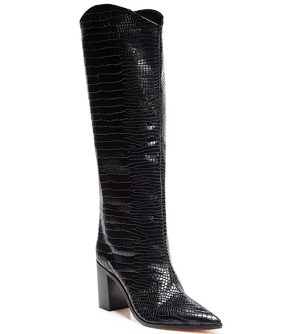 Color:Black - Image 1 - Maryana Block Crocodile Embossed Leather Tall Western Boots