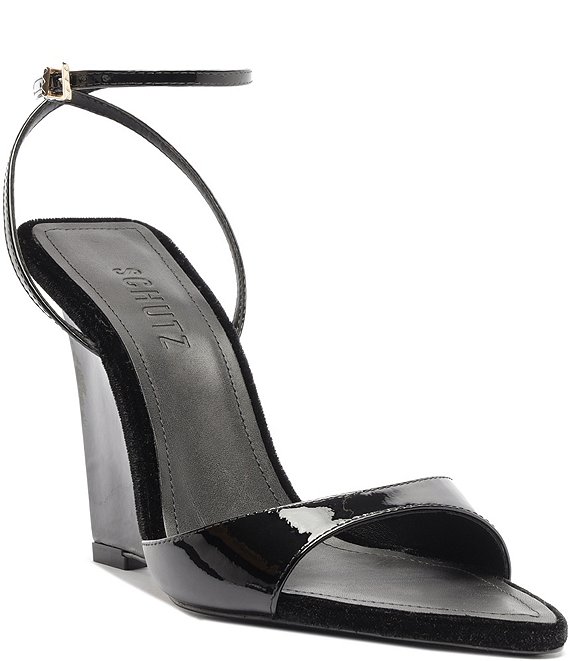 Schutz Elodie Wedge Patent Leather Ankle Strap Dress Sandals