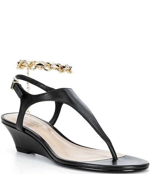 Schutz Lys Wedge Leather Ankle Chain Slingback Thong Sandals