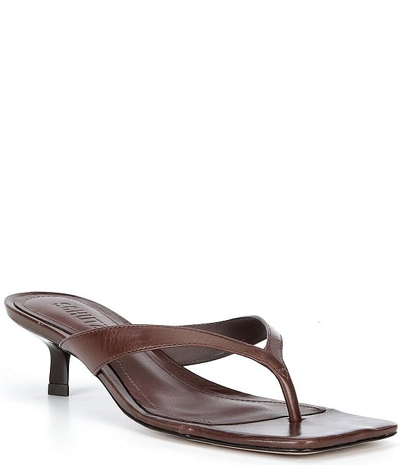 Schutz Marjorie Leather Square Toe Kitten Heel Thong Slide Sandals