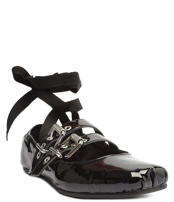 Schutz Raika Patent Leather Ankle Wrap Buckled Straps Ballerina