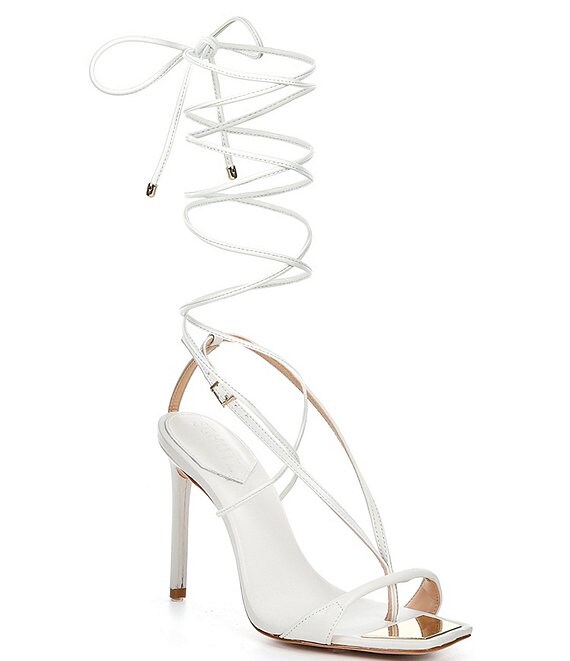 Color:White - Image 1 - Vikki Leather Ankle Wrap Square Toe Dress Sandals