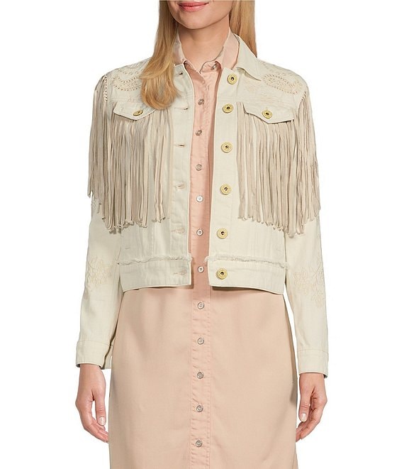 Scully Women's Embroidered and Fringe Detailed Western Denim Jean Statement Jacket