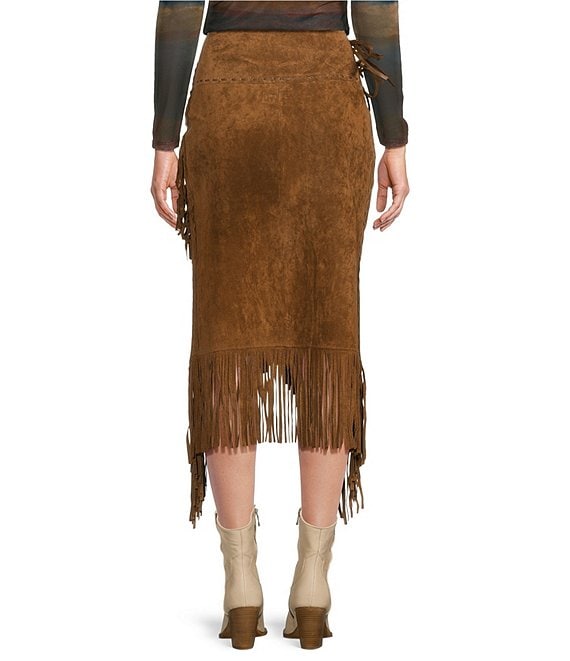 Scully Western Suede Leather High Rise Wrap Fringe Midi Skirt
