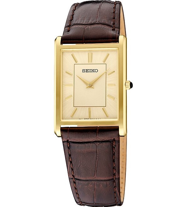 Seiko Men's Essentials Gold Rectangle Quartz Analog Croco Leather