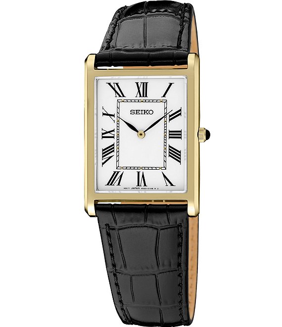 Seiko Men's Essentials Gold Rectangle Quartz Analog Croco Leather Strap Watch
