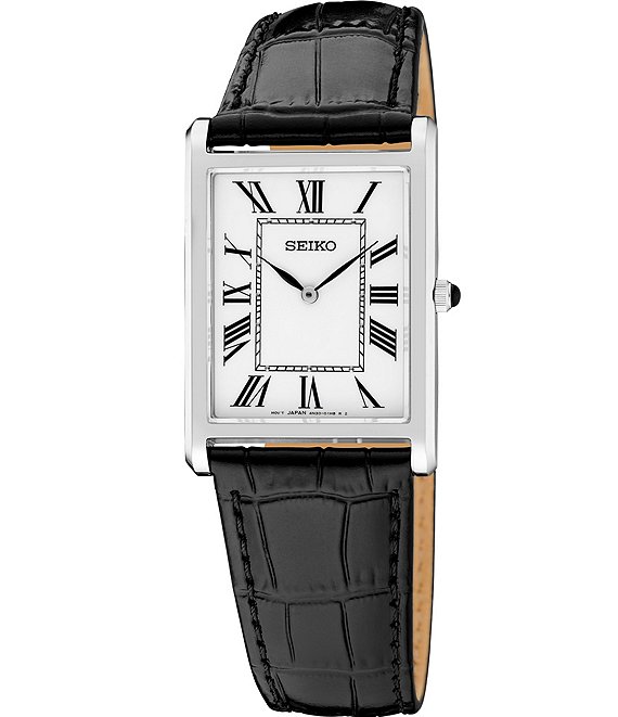 Seiko Men's Essentials Silver Rectangle Quartz Analog Croco Leather Strap Watch